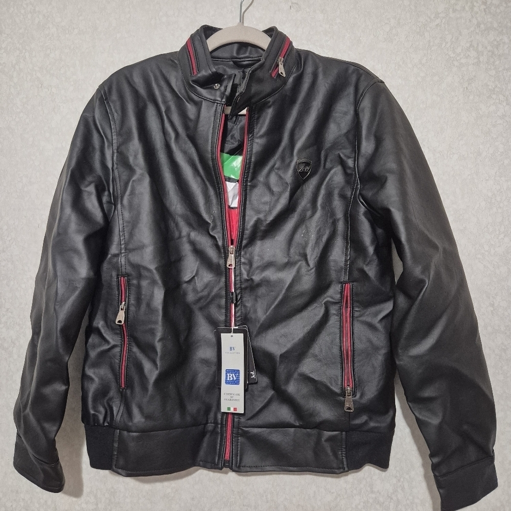 NWT BV CLOTHING Black ITALIAN Leather Jacket with Red Accents..SIZE:S